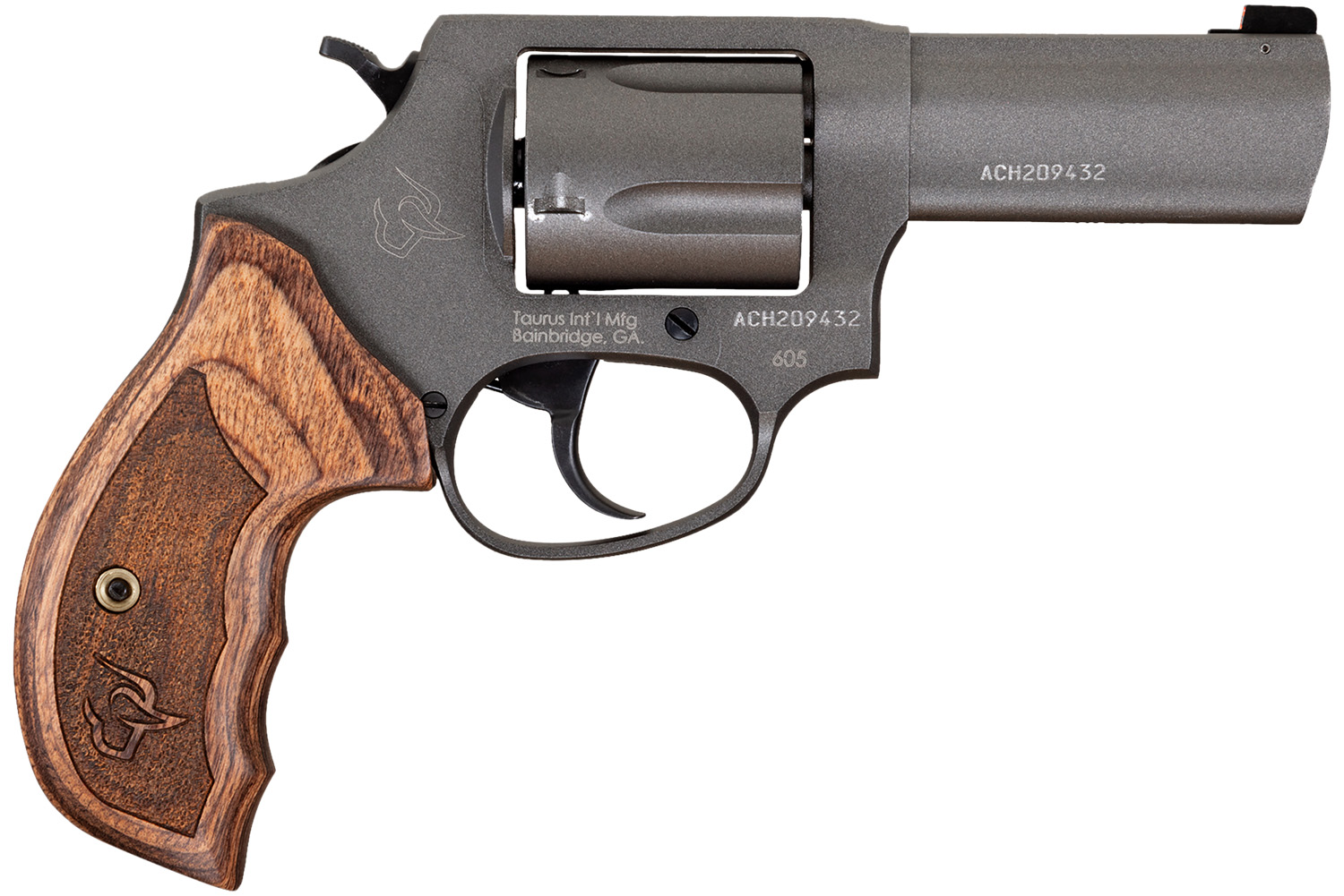 Taurus 2-6053CNS 605 Defender Small 357 Mag/38 Special +P 5 Shot 3" Tungsten Gray Cerakote Stainless Steel Barrel, Cylinder & Frame, Altamont Wood Grip, Transfer Bar Safety, Exposed Hammer