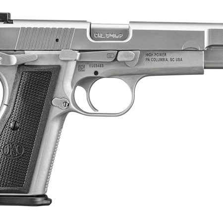 FN 66101116 High Power  9mm Luger 10+1 4.70" Black Target Crown Steel Barrel, Stainless PVD Serrated Steel Slide, Matte Stainless Steel Frame w/Beavertail, Black Textured Polymer Grip, Ambidextrous