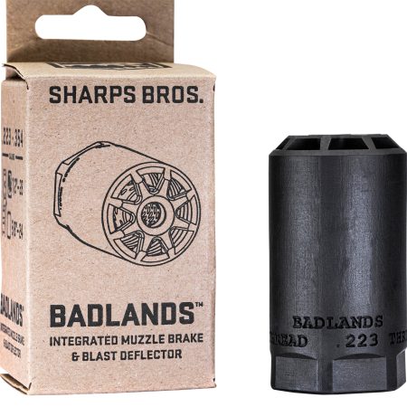 Sharps Bros BAD02 Badlands  Muzzle Brake/Blast Deflector, Heat Treated 17-4 Stainless Steel w/Nitride Finish, 5/8"-24 tpi Threads 2.75"L 1.50"D for Multi-Caliber (.223-.354) Full-Auto Rated