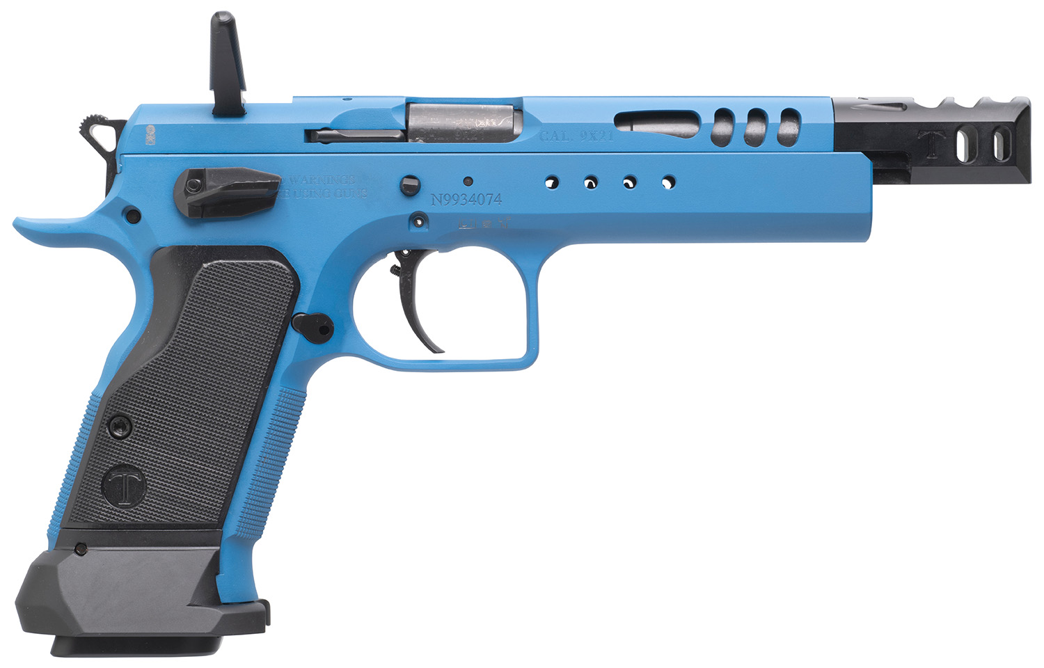 Tanfoglio IFG TFDOM9 Domina 9mm Luger Caliber with 5.20" Barrel, 17+1 or 19+1 Capacity, Overall Blue Finish Steel, Beavertail Frame, Ported Slide & Black Polymer Grip