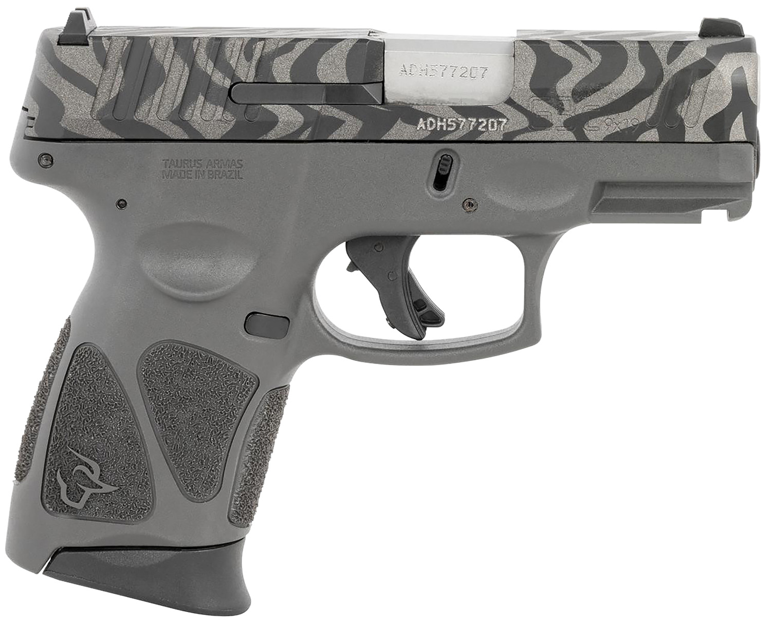 Taurus 1G3C931GZEB G3C Compact Frame 9mm Luger 12+1 3.26" Matte Stainless Steel Barrel, Gray w/Zebra Stripes Serrated Steel Slide, Black Polymer Frame w/Picatinny Rail, Black Polymer Grip, Right Hand