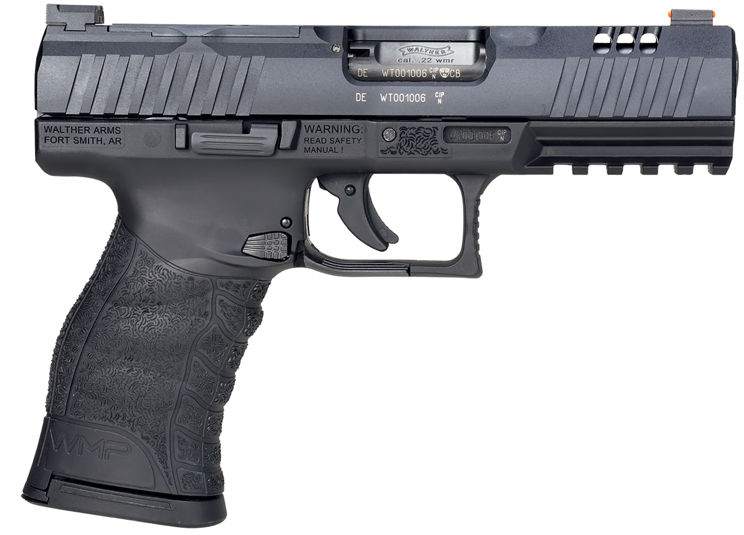 Walther Arms 5220302 WMP Optic Ready 22 WMR 10+1 4.50" Stainless Steel Barrel, Black Optic Ready/Serrated Slide, Black Polymer Frame w/Picatinny Rail, Black Polymer Grip, Right Hand