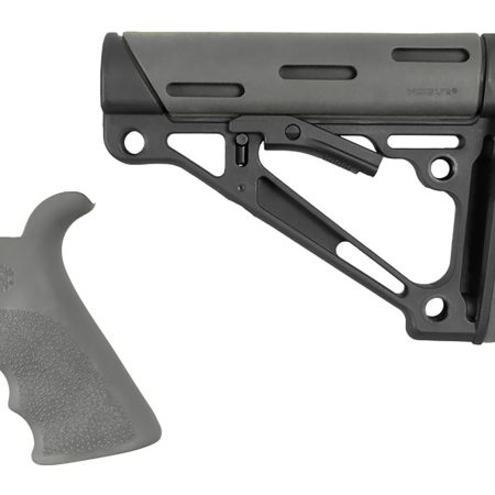 Hogue 15556 OverMolded Collapsible Buttstock Black Synthetic & Slate Gray OverMolded Rubber Stock Slate Gray Rubber Finger Grooved Grip for AR-15, M16 with Mil-Spec Buffer Tube (Tube Not Included)