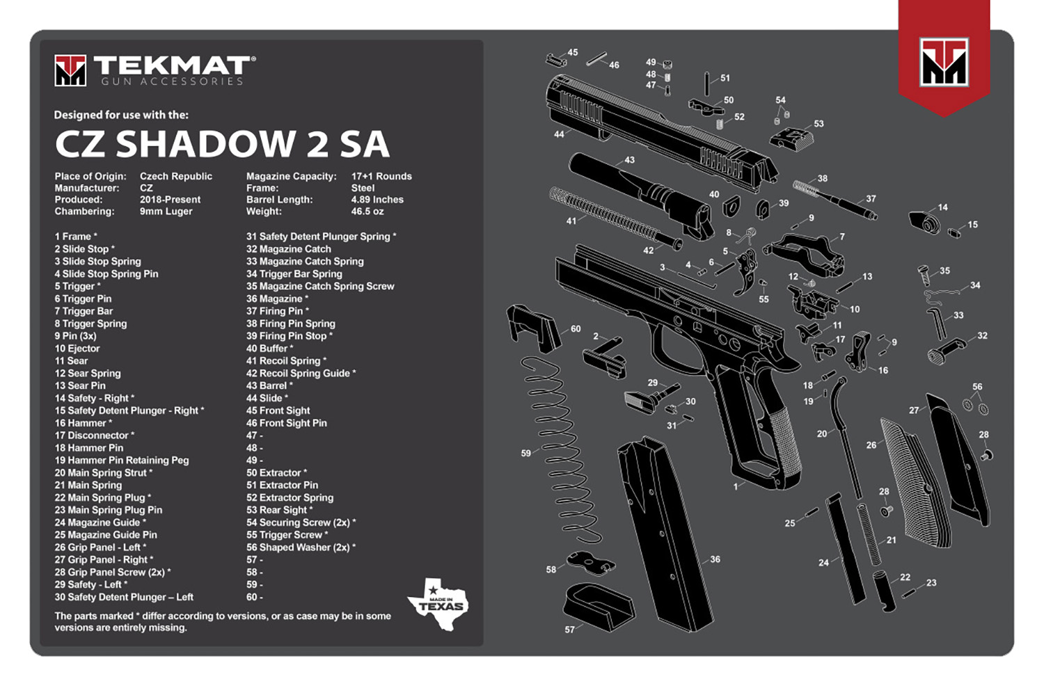 TekMat TEKR17CZSHDW2 CZ Shadow 2 SA Cleaning Mat Black/White Rubber 11"x17" CZ-75 Shadow 2 SA Diagram
