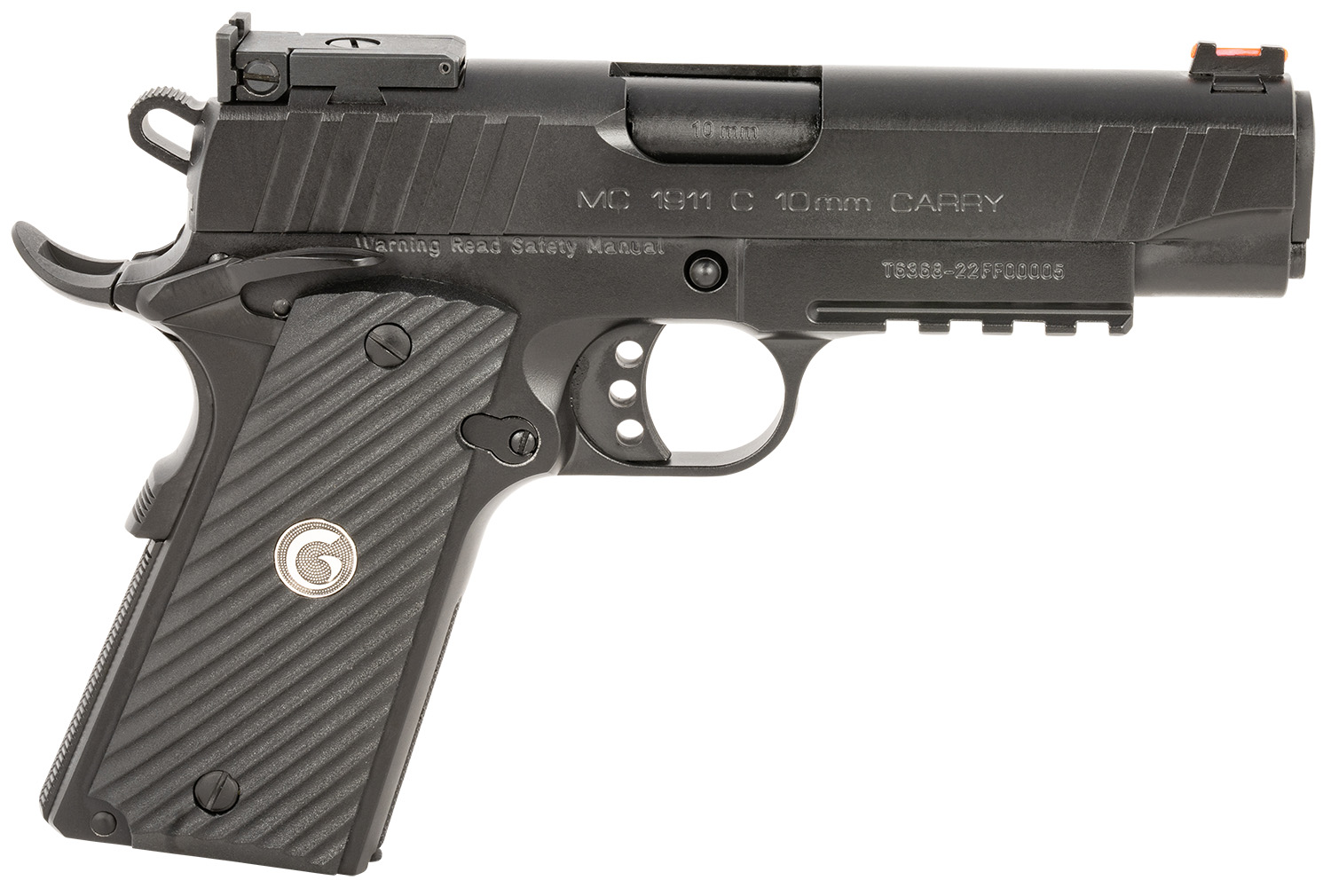 EAA GIRSAN 390605 MC1911 C Carry Frame 10mm Auto 9+1, 4.40" Black Steel Barrel, Blued Serrated Steel Slide, Black Steel Frame w/Beavertail & Picatinny Rail, Black Grip, Ambidextrous