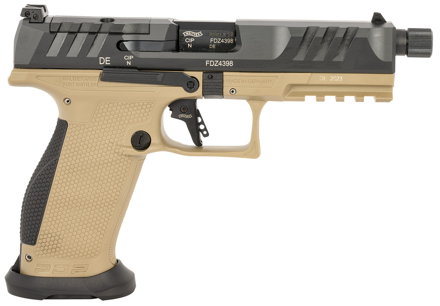 Walther Arms 2876582 PDP Pro SD 9mm Luger 18+1 5.10" Threaded Barrel, Black Optic Cut/Serrated Slide, FDE Polymer Frame with Pic. Rail, Performance Duty Grip, Flared Magwell