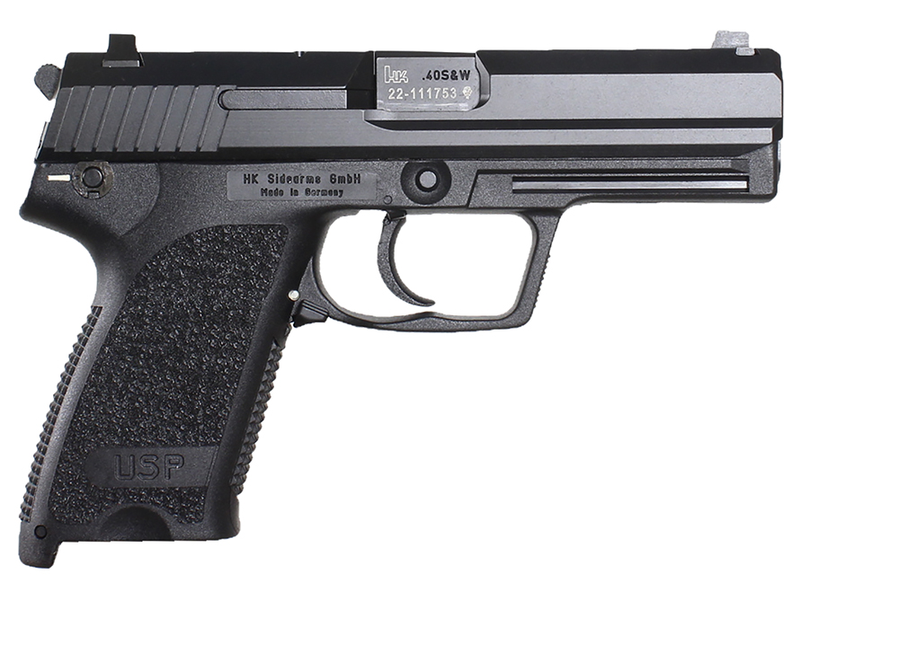 HK 81000322 USP V1 SA/DA 45 ACP Caliber with 4.41" Barrel, 12+1 Capacity, Overall Black Finish, Serrated Trigger Guard Frame, Serrated Steel Slide & Polymer Grip Includes 2 Mags