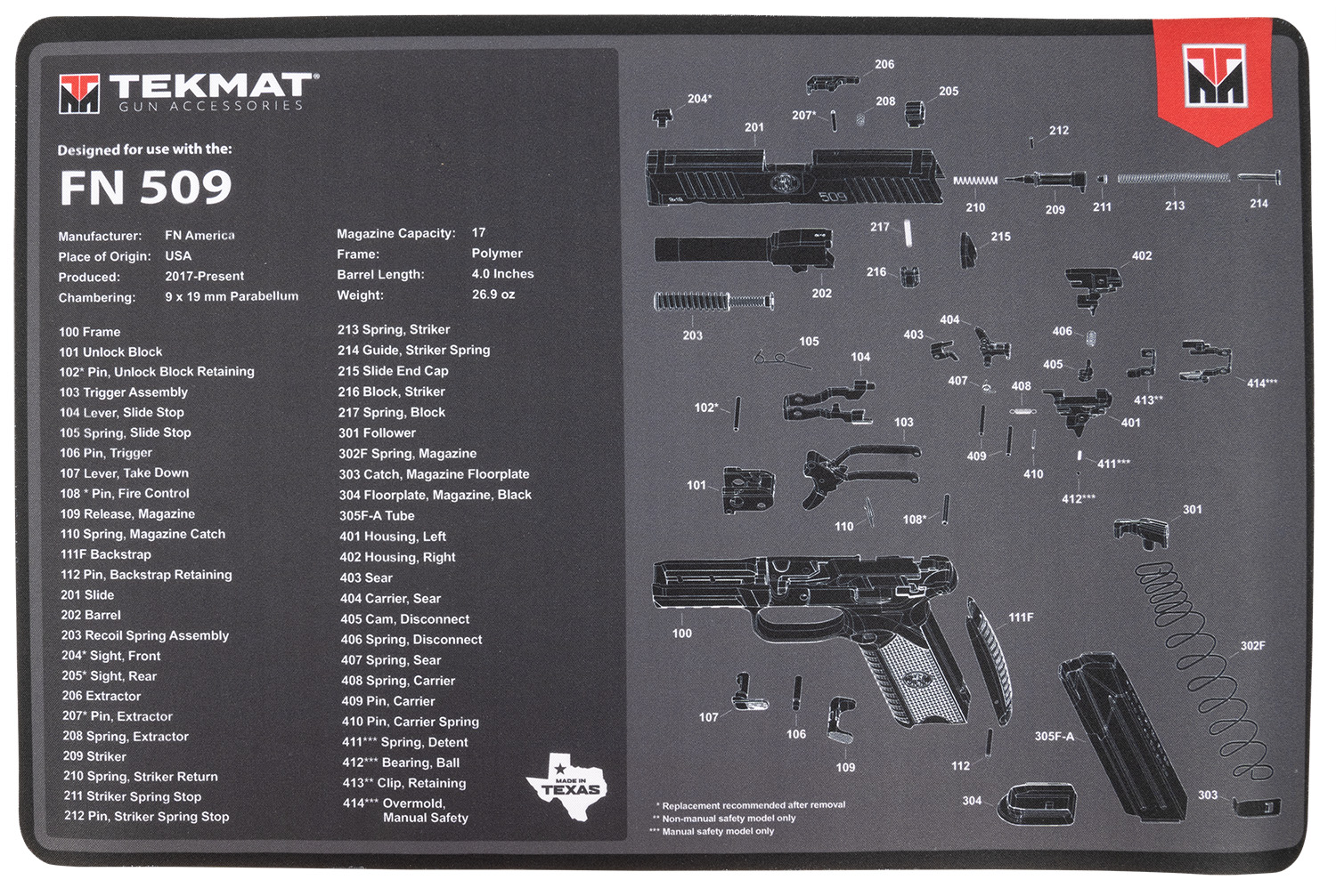 TekMat TEKR17FN509 FN 509 Cleaning Mat Black/Gray Rubber 11"x17" FN 509 Parts Diagram