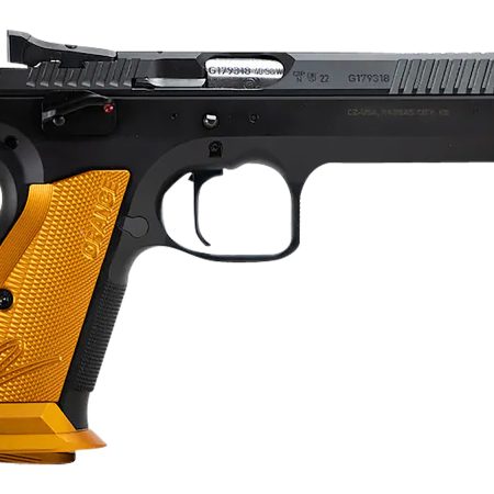 CZ-USA 91266 TS 2  9mm Luger 20+1 5.28" Stainless Bull Barrel, Black Serrated Steel Slide, Black Polycoat Steel Frame w/Beavertail, Orange Checkered Aluminum Grip