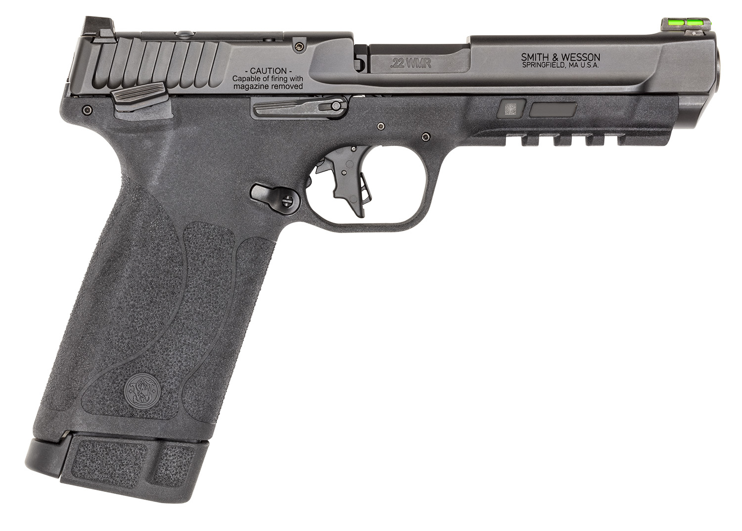 Smith & Wesson 13433 M&P 22 Magnum 22 WMR 30+1 (2) 4.35" Tempo Barrel System, Black, Polymer Frame with Pic. Rail, Optic Cut Slide, Fiber Optic Sight, Flat Faced Trigger, Ambi Controls