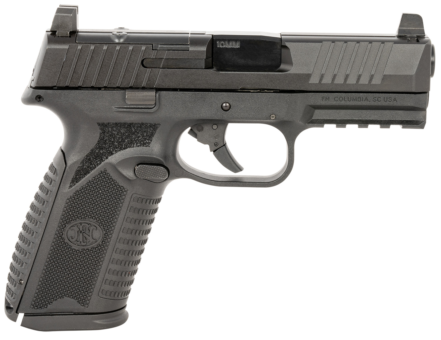 FN 66101381 510 MRD Full Size 10mm Auto 10+1, 4.10" Black Target Crown Steel Barrel, Black PVD Optic Cut/Serrated Steel Slide & Polymer Frame w/Picatinny Rail, Ambidextrous