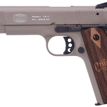 Mauser Rimfire 4110604 1911  22 LR 10+1 5" Black Steel Barrel, Tan Serrated Aluminum Slide, Tan Aluminum Frame w/Beavertail, Walnut Grip, Ambidextrous
