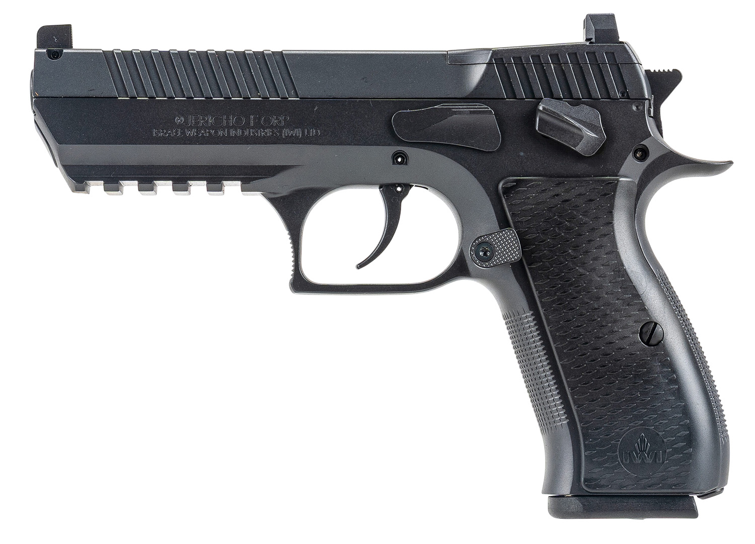 IWI US J941F9ORP Jericho 941 Full Size Frame 9mm Luger 16+1 4.40" Black Chrome Lined Steel Barrel, Black Serrated Steel Slide & Frame w/Beavertail & Picatinny Rail, Black Textured Grips