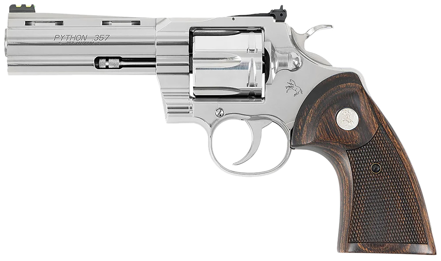 Colt Mfg PYTHONSP4WFTG Python Target 357 Mag/38 Special 6 Shot 4.25" Polished Stainless Steel Recessed Target Vent Rib Barrel, Cylinder & Frame, Walnut w/Medallion Grip, Exposed Hammer