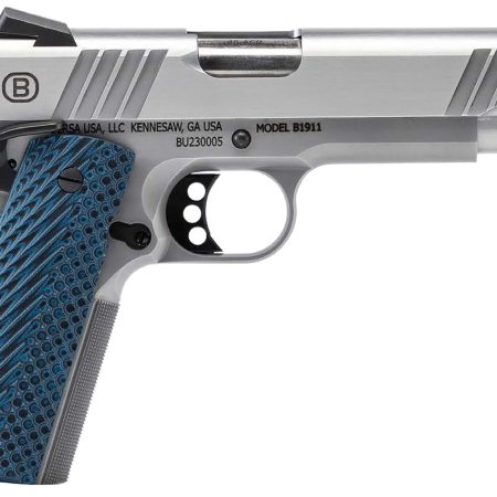 Bersa B19117050SMBL B1911 Full Size Frame 45 ACP 8+1 5" Stainless Steel Barrel, Polished Stainless Serrated Steel Slide, Matte Stainless Stainless Steel Frame w/Beavertail, Blue VZ Grip, Ambidextrous