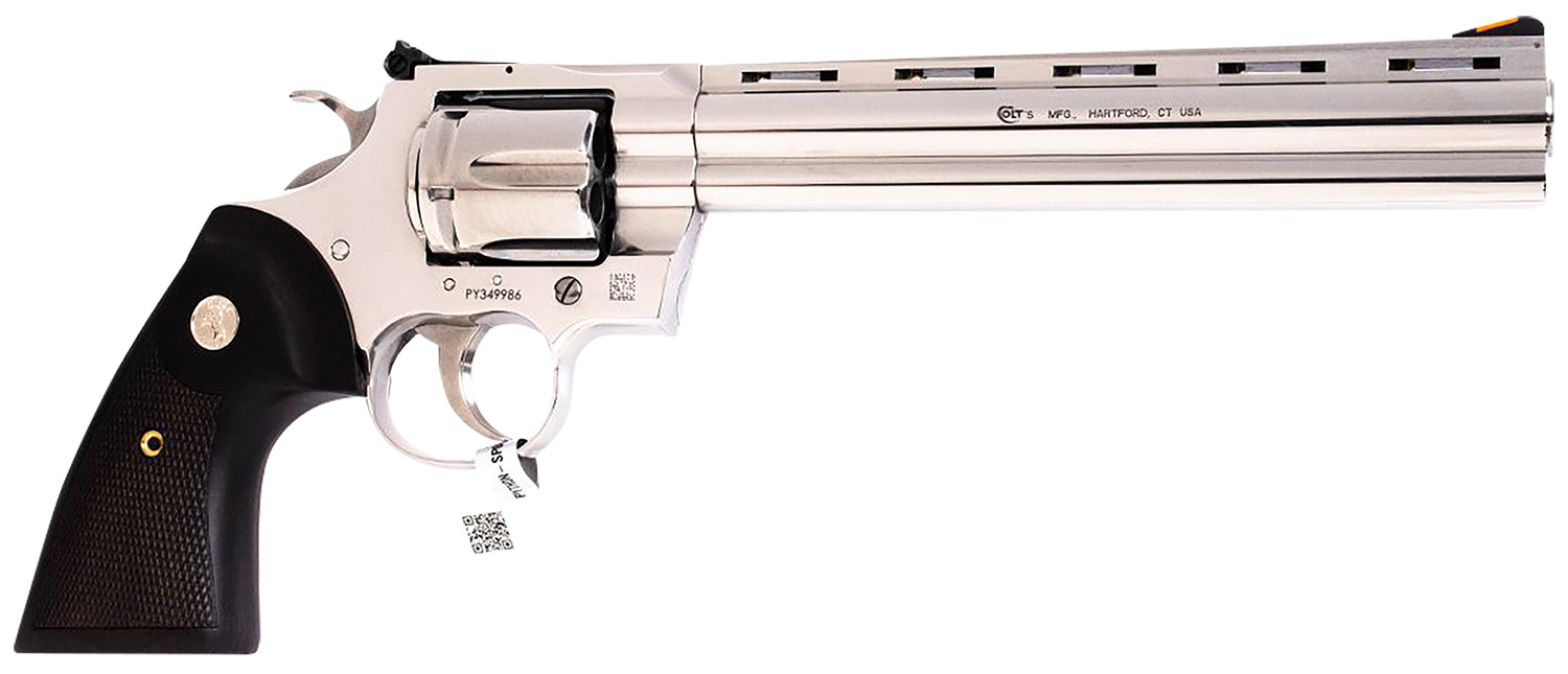 Colt Mfg PYTHONSP8WTS Python 357 Mag/38 Special 6 Shot 8" Polished Stainless Steel Vent Rib Barrel, Cylinder & Frame, Walnut w/Medallion Grip, Exposed Hammer