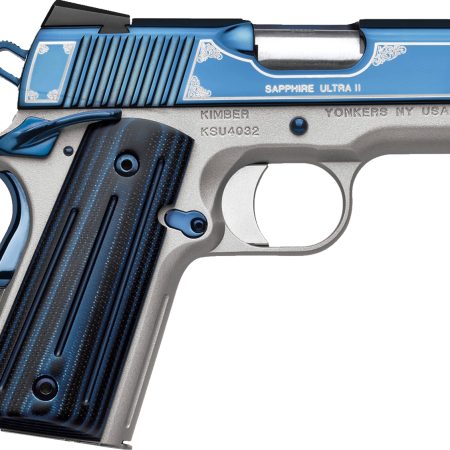 Kimber Mfg, Inc 3200362 Ultra II 45 ACP 7+1 3" Stainless Match Grade Barrel, Engraved Sapphire Blue PVD Serrated Stainless Steel Slide, Satin Silver Aluminum Frame w/Beavertail, G10 Grip