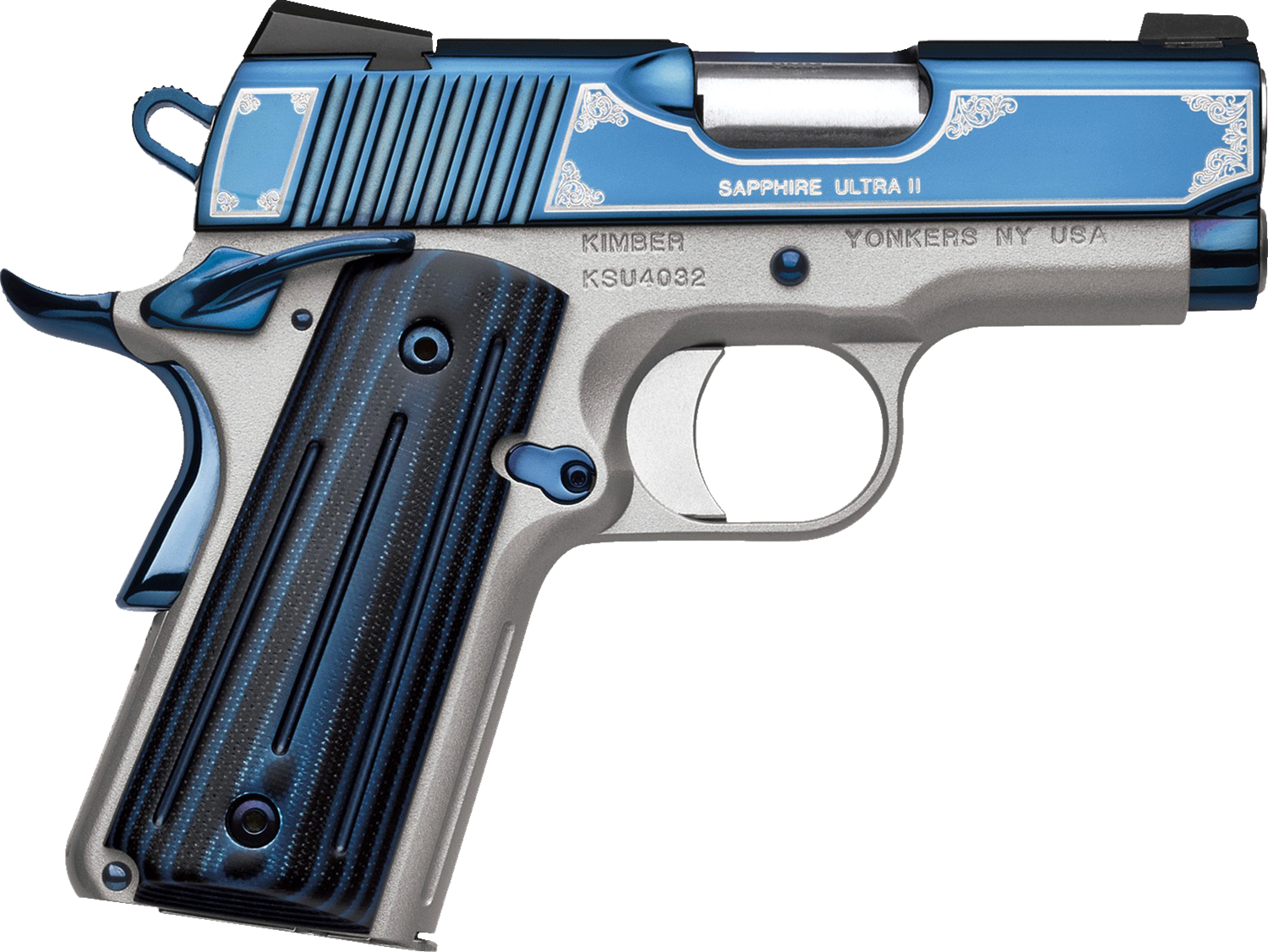Kimber Mfg, Inc 3200362 Ultra II 45 ACP 7+1 3" Stainless Match Grade Barrel, Engraved Sapphire Blue PVD Serrated Stainless Steel Slide, Satin Silver Aluminum Frame w/Beavertail, G10 Grip