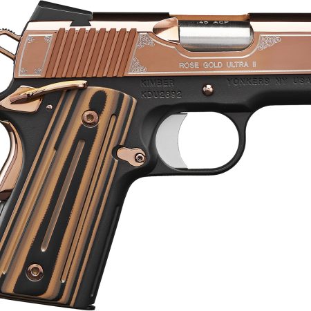 Kimber Mfg, Inc 3200373 Ultra II 45 ACP 7+1 3" Stainless Match Grade Barrel, Engraved Rose Gold PVD Serrated Stainless Steel Slide, Kimpro II Black Aluminum Frame w/Beavertail, G10 Grip