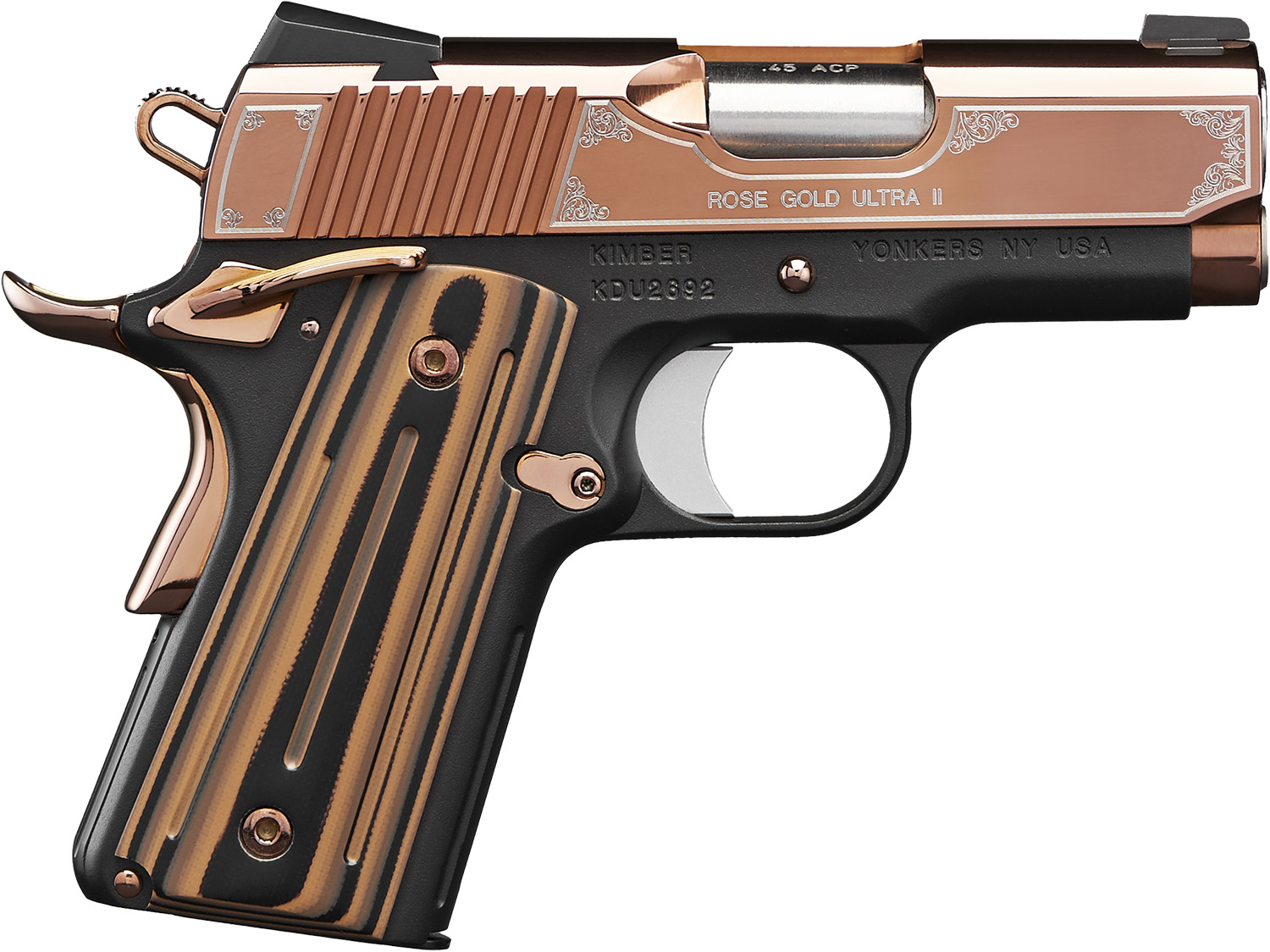 Kimber Mfg, Inc 3200373 Ultra II 45 ACP 7+1 3" Stainless Match Grade Barrel, Engraved Rose Gold PVD Serrated Stainless Steel Slide, Kimpro II Black Aluminum Frame w/Beavertail, G10 Grip