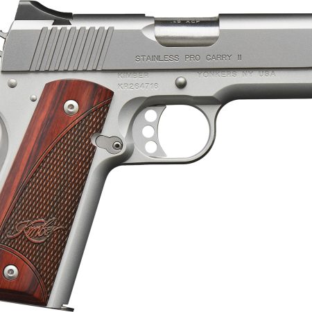 Kimber Mfg, Inc 3200324 Pro Carry II 45 ACP 7+1 4" Match Grade Stainless Steel Barrel, Satin Silver Serrated Stainless Steel Slide, Satin Silver Aluminum Frame w/Beavertail, Rosewood Grip