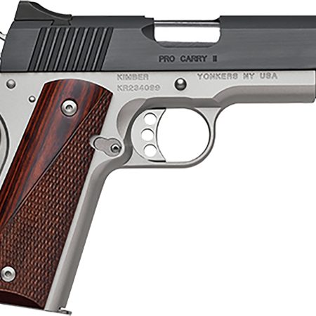 Kimber Mfg, Inc 3200320 Pro Carry II 45 ACP 7+1 4" Stainless Match Grade Barrel, Matte Black Brushed Serrated Steel Slide, Satin Silver Aluminum Frame w/Beavertail, Rosewood Grip