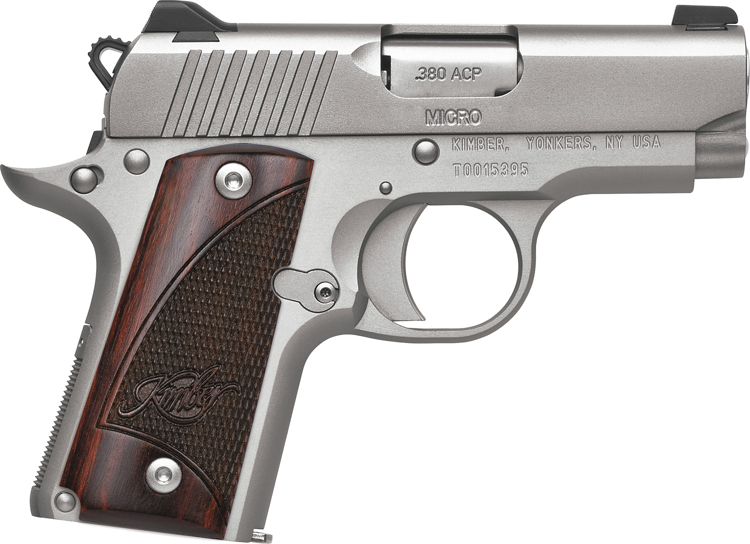 Kimber Mfg.,inc 3300207 Micro Stainless Rosewood NS 380 ACP 7+1 2.75" Stainless Steel Slide Satin Silver Smooth/Checkered Rosewood Grip