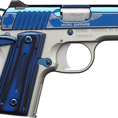 Kimber Mfg.,inc 3300090 Micro Sapphire NS 380 ACP 7+1 2.75" Polished Bright Blue PVD Coating Cut Scroll Engraving and Border Stainless Steel Thin blue/black ball-milled G-10 Grip