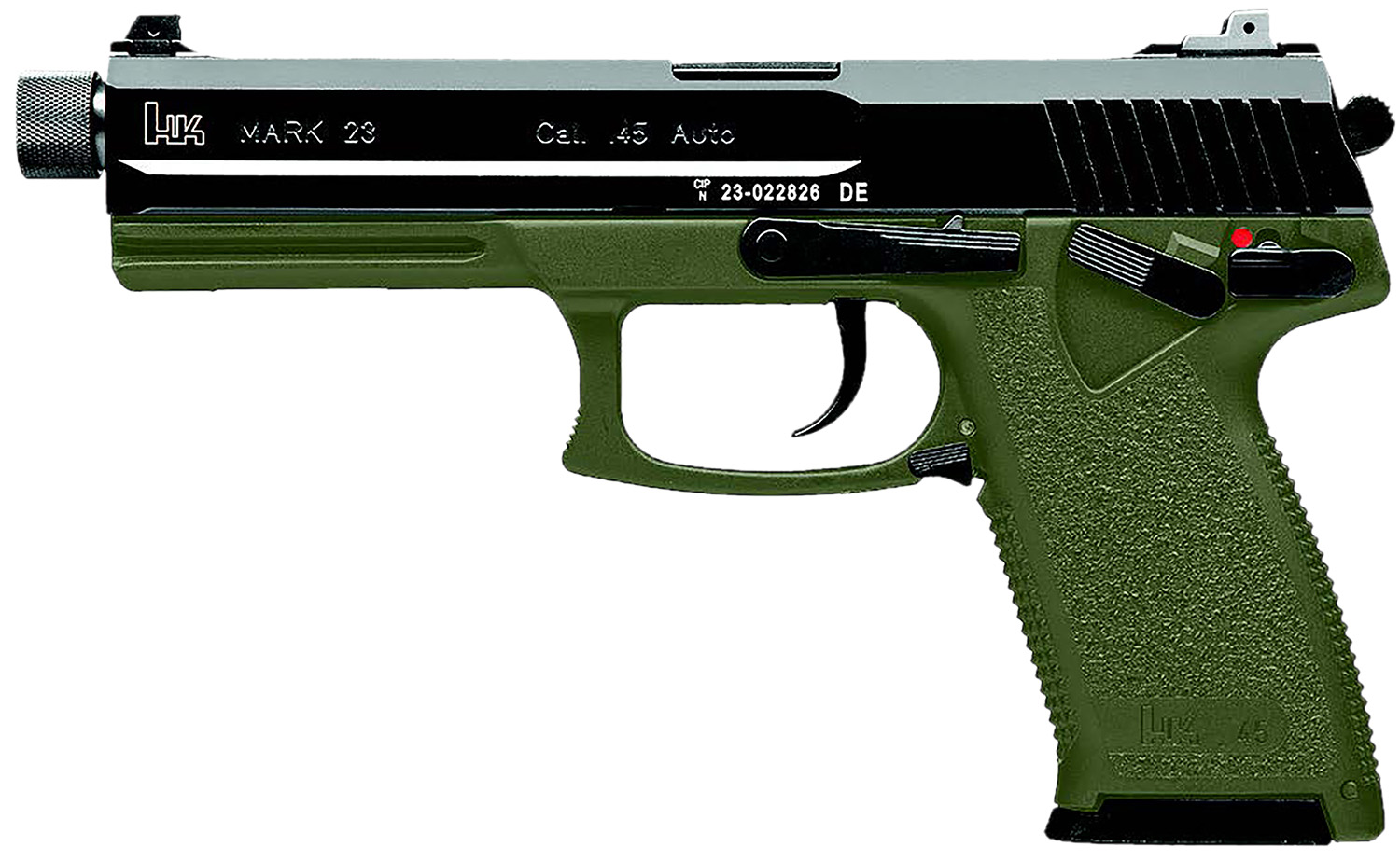 HK 81001075 Mark 23 45 ACP 10+1 5.87" Black Threaded Barrel, Black Cerakote Serrated Steel Slide, OD Green Polymer Frame w/Accessory Rail, Textured Grip