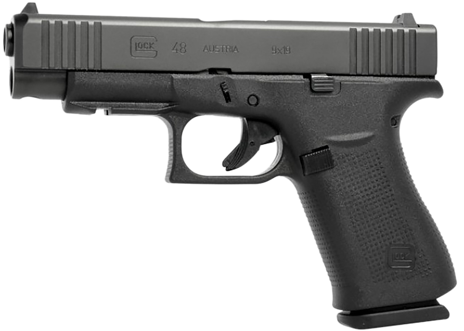 Glock PA4850201FR G48 Slim Compact Frame 9mm Luger 10+1 4.17" Black GMB Barrel, Black nDLC Serrated Steel Slide, Black Polymer Frame w/Beavertail & Front Rail, Black Textured Polymer Grip, Right Hand