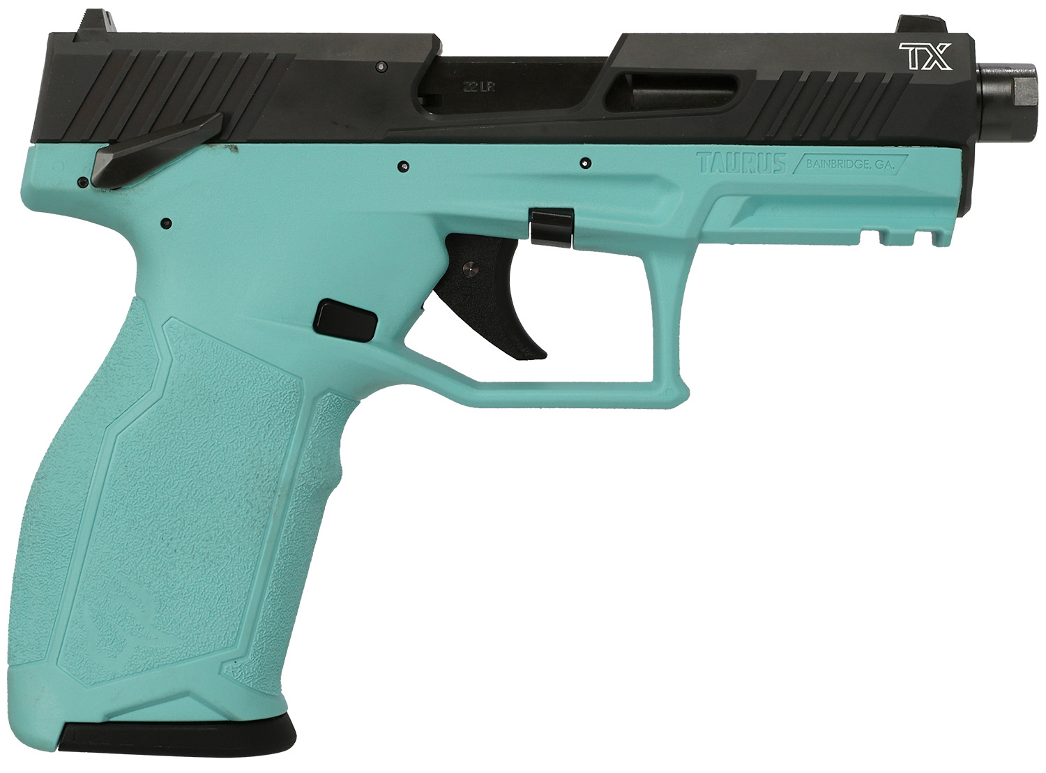 Taurus 1-2TX22141C 2TX Full Size Frame 22 LR 22+1 4.60" Matte Black Threaded Barrel, Black Anodized Serrated Slide, Cyan Polymer Frame w/Picatinny Rail, Textured Grip