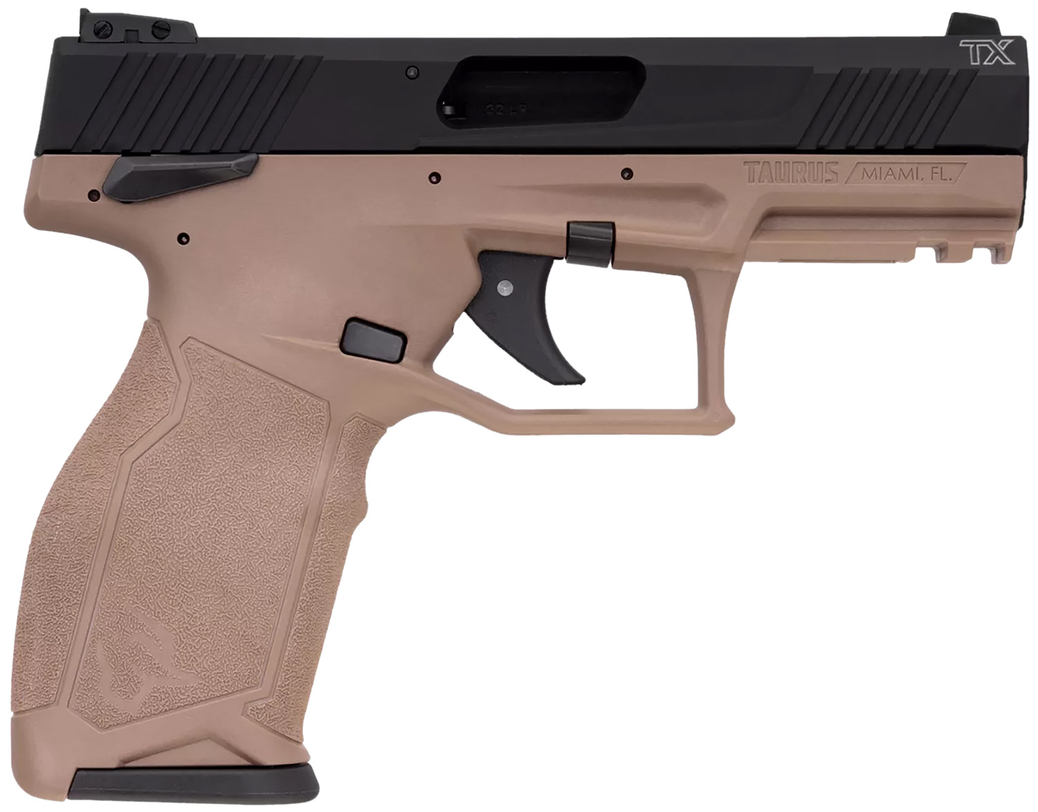 Taurus 1-2TX22141F-10 2TX Full Size Frame 22 LR 10+1 4.60" Matte Black Threaded Barrel, Black Anodized Serrated Slide, Flat Dark Earth Polymer Frame w/Picatinny Rail, Textured Grip