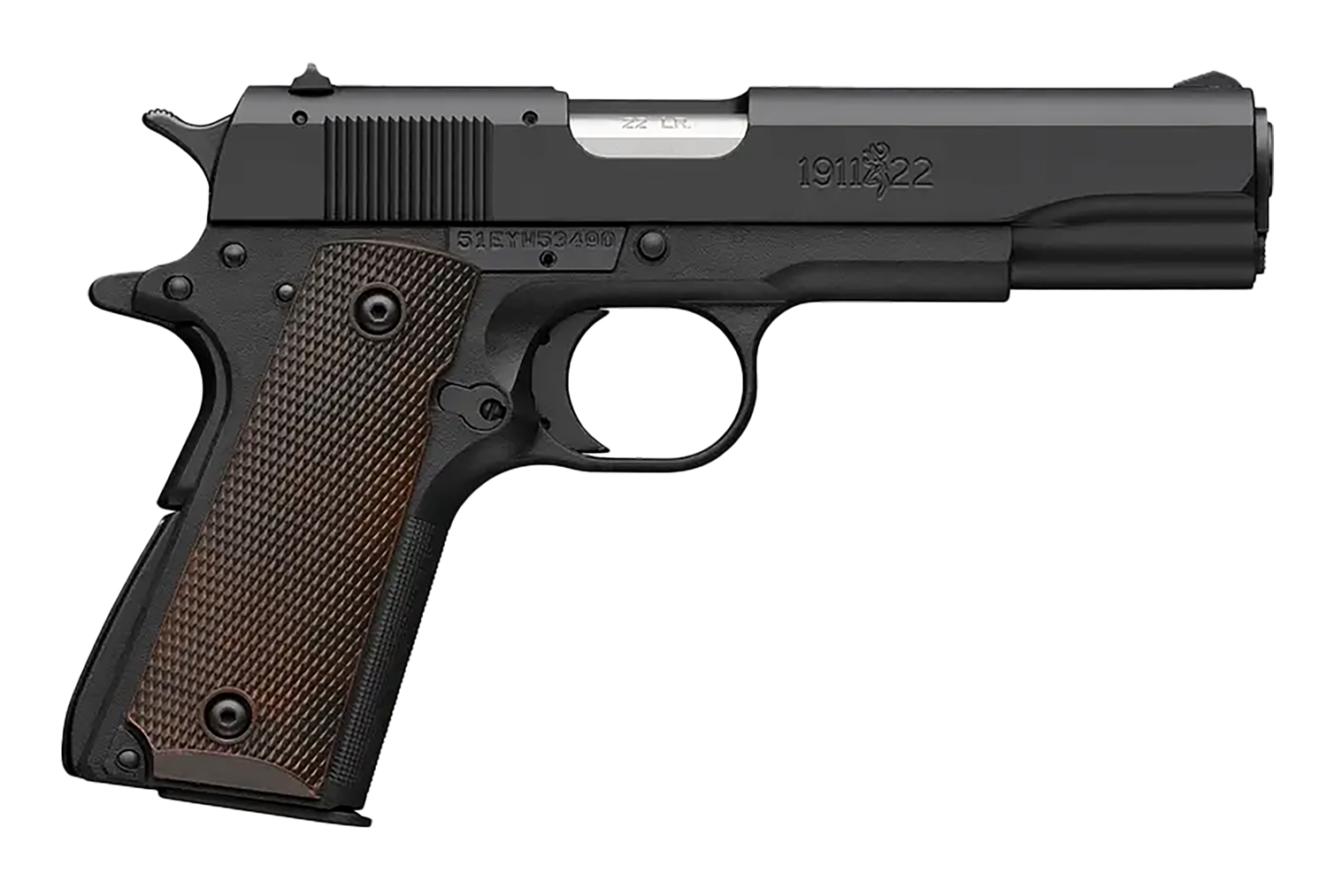 Browning 051063490 1911 A1 Full Size Frame 22 LR 10+1 4.25" Stainless Steel Barrel, Matte Black Serrated Slide, Matte Black Polymer Frame, Brown Composite Grip