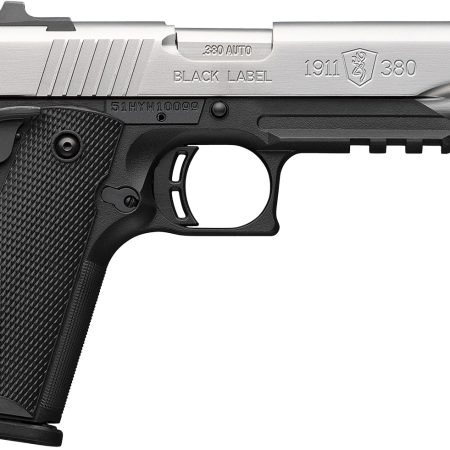 Browning 051120492 1911 Black Label Full Size Frame 380 ACP 8+1 4.25" Stainless Steel Barrel, Satin Stainless Serrated Slide, Matte Black Polymer Frame w/Picatinny Rail, Black Polymer Grip