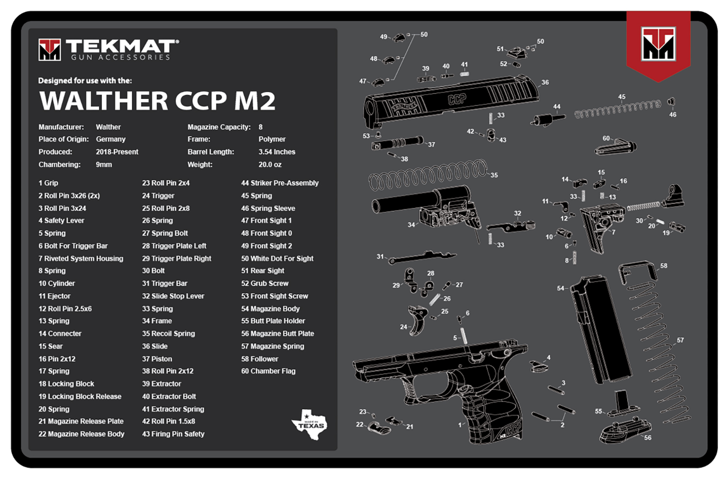 TekMat TEKR17WALCCPM2 Walther CCP M2 Cleaning Mat Black/White Rubber 11"x17" Walther CCP M2 Parts Diagram