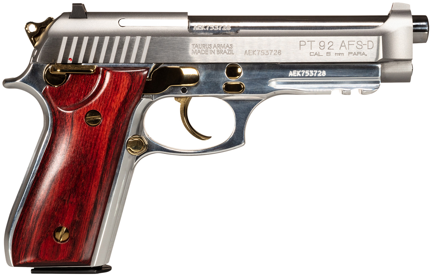 Taurus 1-920159GLD-HW1 92 Full Size Frame 9mm Luger 17+1 5" Matte Stainless Steel Barrel, Serrated Stainless Steel Slide, Natural Anodized Aluminum Frame w/Beavertail & Picatinny Rail, Rosewood Grip