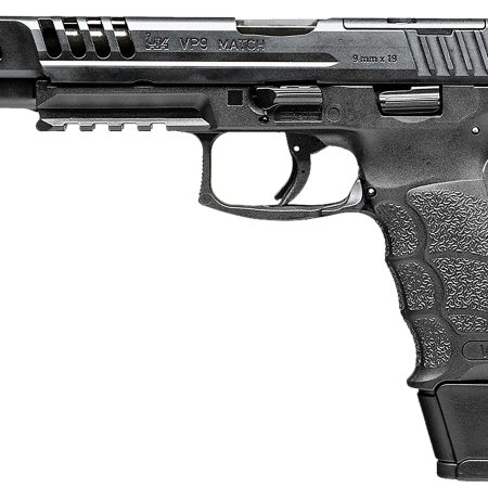 HK 81000935 VP9 Match 9mm Luger 15+1 5.51" Polygonal Rifled Barrel, Black Optic Ready/Serrated w/Ports Slide & Frame w/Picatinny Rail, Black Finger Grooved Polymer Grips, Ambidextrous