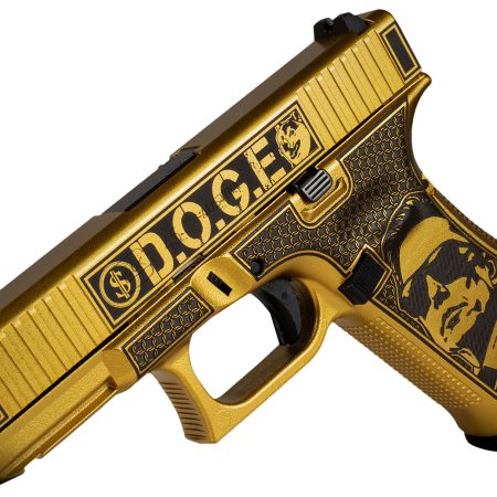 Glock PA455S204NDGE G45 Gen5 9mm Luger 17+1 4.02" Black GMB Barrel, Glamour Glock Gold Cerakote Serrated Steel Slide w/D.O.G.E., Glamour Glock Gold Cerakote Polymer Frame w/Trump & Elon