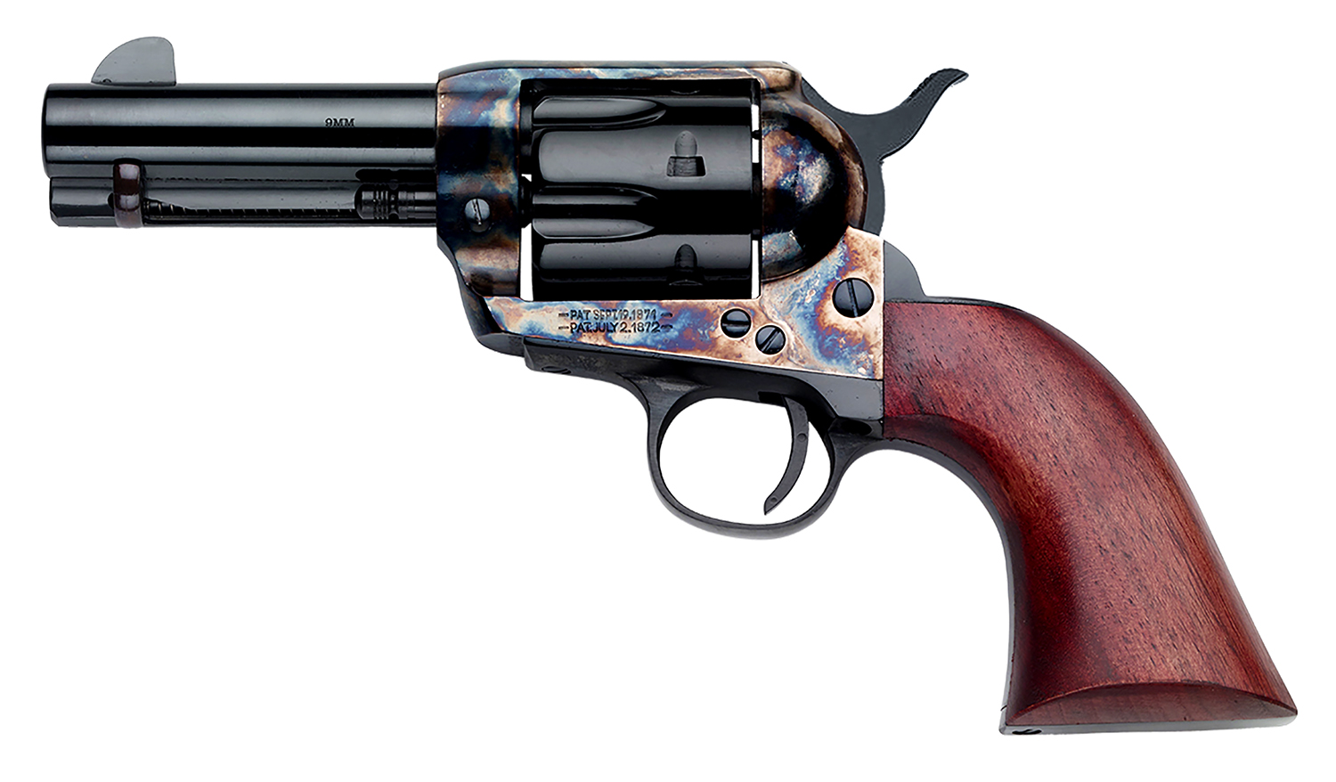 Pietta SA733024ML 1873 9mm Luger 6 Shot 3.50" Blued Steel Barrel, Blued Cylinder, Color Case Hardened Steel Frame, Walnut Grip