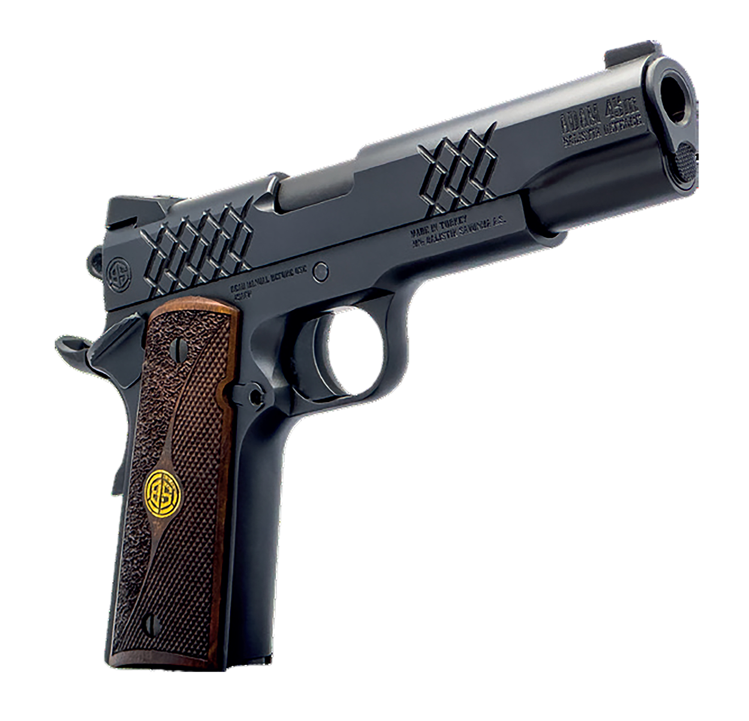 Dickinson LLC DKSN9BM 1911 Adam Full Size Frame 45 ACP 8+1 4.37" Matte Black Button Rifled Barrel, Matte Black Serrated Aluminum Slide, Matte Black Steel Frame, Wood Grips