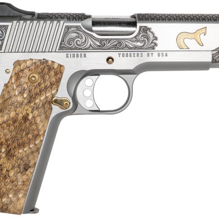 Cnc Firearms CNCRATTLER Kimber 1911 Rattler Sports South Exclusive 45 ACP Stainless Barrel, Stainless w/Gold Plating Steel Engraved/Serrated Slide & Frame w/Beavertail, Genuine Snakeskin Grip
