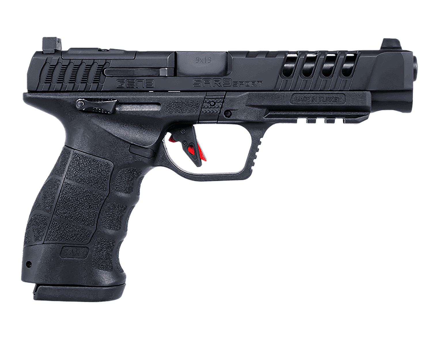 SAR USA SARSPTG3BL SAR9 Sport Gen3 9mm Luger 19+1 5.20" Black Steel Barrel, Black Lightening Cut/Optic Ready/Serrated Steel Slide, Black Polymer Frame w/Picatinny Rail, Interchangeable Backstrap