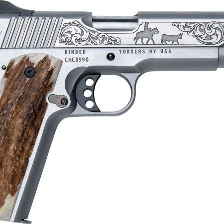 Cnc Firearms CNCCATTLEMAN Kimber 1911 Cattleman 45 ACP 7+1 5" Stainless Steel Barrel, Stainless Scenic Cattleman Engraved Slide, Stainless Frame, Stag Grip