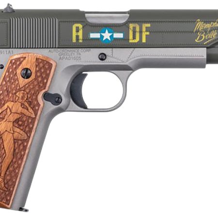 Auto-Ordnance 1911BKOC19 1911 Memphis Belle Full Size Frame 45 ACP 7+1 5" Stainless Steel Barrel, OD Green Cerakote Serrated Slide, Gray Cerakote Steel Frame w/Beavertail, Custom Engraved Wood Grip