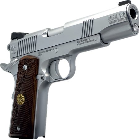 Dickinson LLC DCKSN45B 1911 Adam B Full Size Frame SAO 45 ACP 7+1 5" Stainless Button Rifled Barrel, Stainless Steel B Serrations Slide, Stainless Steel Frame, Wood Grip