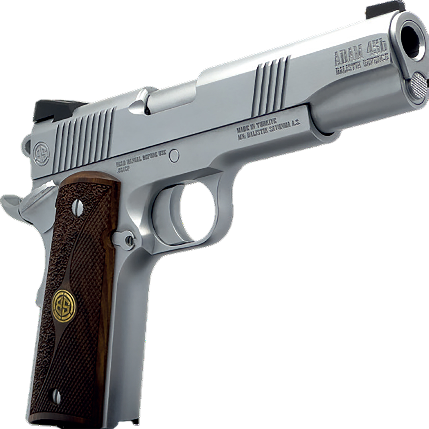 Dickinson LLC DCKSN45B 1911 Adam B Full Size Frame SAO 45 ACP 7+1 5" Stainless Button Rifled Barrel, Stainless Steel B Serrations Slide, Stainless Steel Frame, Wood Grip