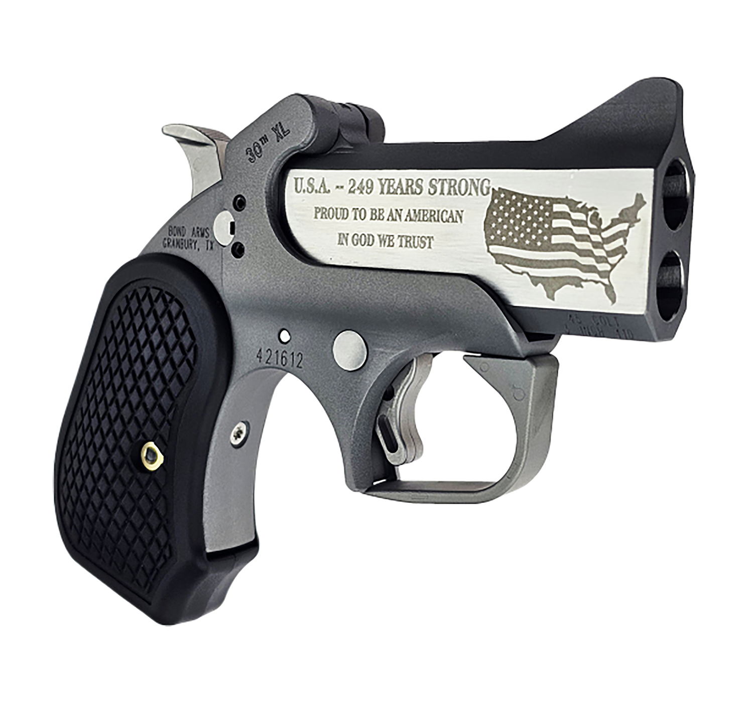 Bond Arms BA30THXL-45LC/410 30th XL 45 Colt (Long Colt)/410 Gauge 2 Shot 3" Engraved Matte Stainless Steel Barrel, Rough Matte Stainless Steel Frame, Black B6 Resin Grips