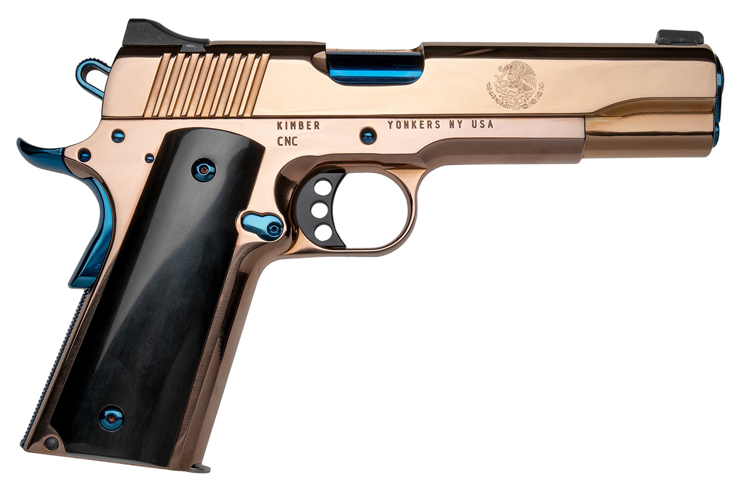 Cnc Firearms CNCELREY Kimber 1911 El Rey Full Size Frame 38 Super 7+1 5" Blue PVD Stainless Steel Barrel, Rose Gold PVD Stainless Steel Serrated Slide & Frame, Black Kirinite Presentation Grip