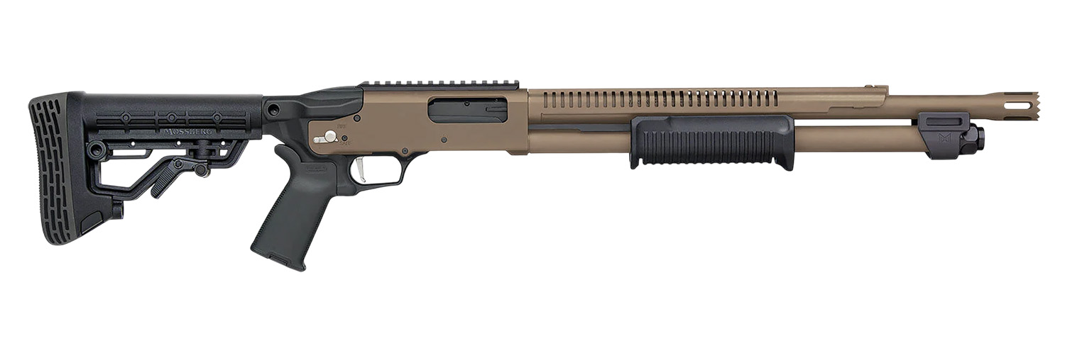 Mossberg 50756 590R 12 Gauge Pump 3" 6+1 18.50" Flat Dark Earth Cerakote Heat Shield Barrel, Flat Dark Earth Cerakote Steel Receiver, Black AR Mil-Spec Adjustable Synthetic Stock, Black Magpul Grip