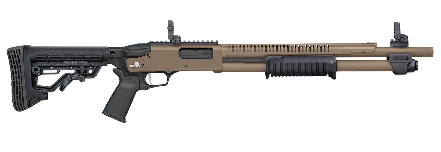 Mossberg 50758 590R 12 Gauge Pump 3" 6+1 18.50" Flat Dark Earth Cerakote Heat Shield Barrel, Flat Dark Earth Cerakote Steel Receiver, Black AR Mil-Spec Adjustable Synthetic Stock, Black Magpul Grip